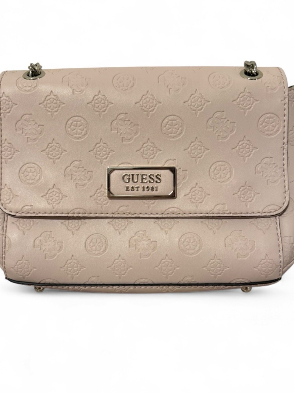 GUESS Pale Pink Embossed Chain-Accent Shoulder Bag